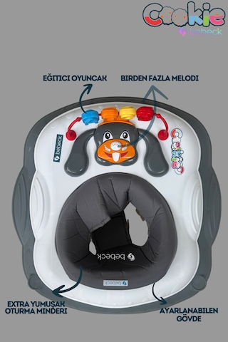 Cookie Ayarlanabilen Müzikli Yumuşak Pedli Lüks Yürüteç Gri