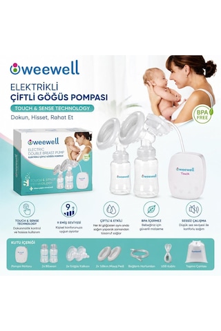 Tr Weewell Elektrikli Çiftli Göğüs Pompası Touch & Sense Teknolojisi 9 Emiş Seviyesi Bpa İçermez Sessiz Usb