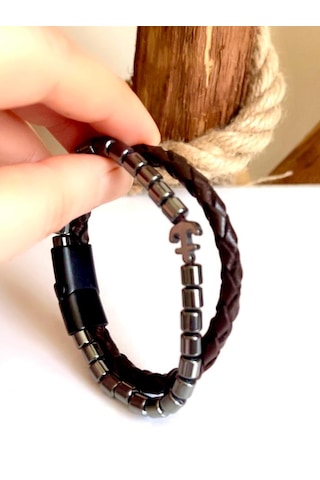 Çıpa Figürlü Hematit&%100 Deri Kahverengi Erkek Bileklik 21cm Kahverengi