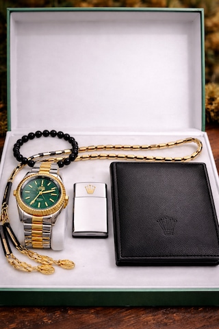 Elifin Işığı Emerald Gold Erkek Saat & Aksesuar Hediye Seti Yeşil Kadran Premium Seri Altın - Metalik Gri