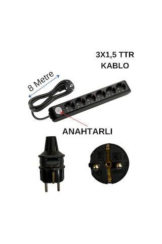 Avarson 6'lı Altılı Priz Topraklı Anahtarlı Kablolu Siyah 3x1,5 Ttr 8 Sekiz Metre