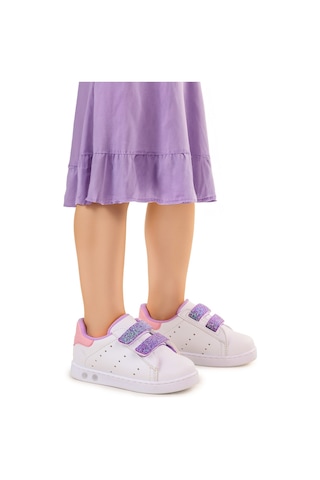 Kiko Kids Royzo İlk Adım Bebe Cırtlı Işıklı Kız Bebek Spor Ayakkabı Beyaz