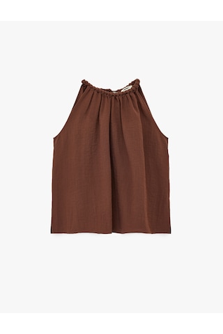 Koton Viskon Rayon Kumaş Kolsuz Büzgülü Halter Yaka Bluz Kahverengi 6sak60292pw Kahve