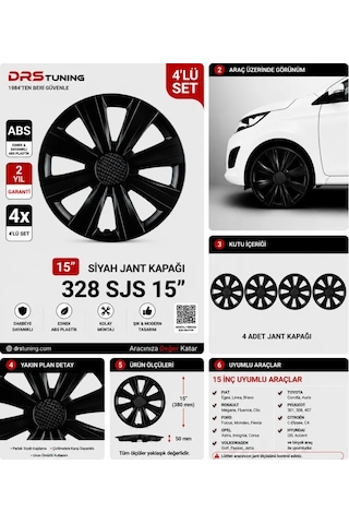 15 Inc Kırılmaz Sks Parlak Siyah Jant Kapağı 1 Takım 4 Adet No:328