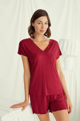 Monamise 18516 Kadın V Yaka Kısa Kollu Şortlu Pijama Takımı-kırmızı Kırmızı