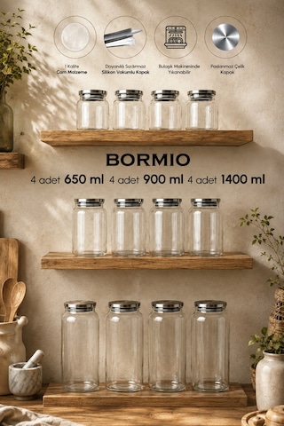 Porsima Bormio 12'li Vakumlu Metal Kapaklı Cam Kavanoz Seti 1400 Ml, 900 Ml, 650 Ml Erzak & Baharatlık Bambu - Şeffaf