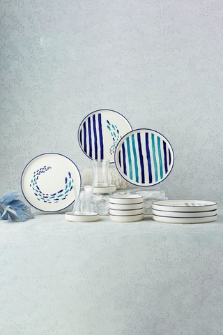 Kevin Seramik 18 Parça Marin Balıklı Stackable Kahvaltı Takımı Beyaz - Mavi