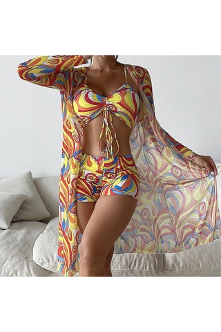 Kadın Mayo Yüksek Bel Bikini Seti Üç Adet Kadın Uzun Kollu Cover Up Mayo Plaj Mayo Sarı