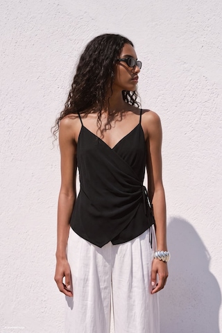 Sateen Askılı Kruvaze Bluz - Siyah-137652