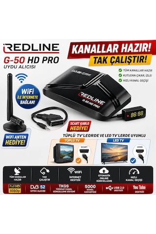Redline G-50 Hd Pro Full Hd Uydu Alıcısı Tkgs Wifi Youtube 5000 Kanal Tak Çalıştır Tüplü Ve Led Tv U