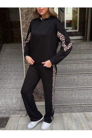Tua Moda Kadın Kapüşonlu Leopar Detay Sweat Ve Yüksek Bel Yanları Leopar Şeritli Bol Paça Pantolon Ikili Takım Siyah