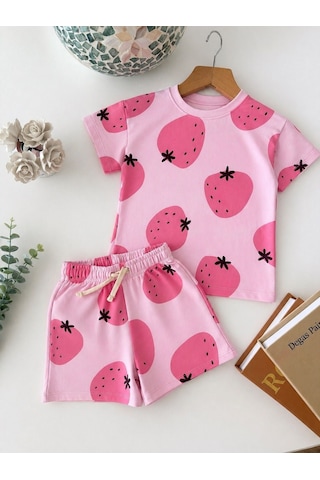 Magu Kız Çocuk Pamuklu Pembe Çilek Desenli T-shirt Şort Takım