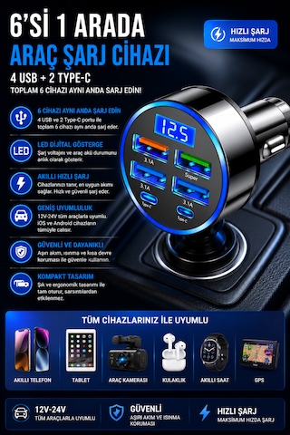 Hızlı Araç Çakmaklık Şarj Cihazı 6 Portlu 4 Usb + 2 Type-c Çıkışlı Dijital Göstergeli Oto Şarjı