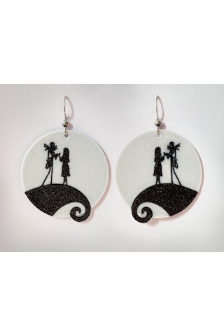 Jack Ve Sally Silüet Küpe Çifti - Noel Gecesi Kabusu The Nightmare Before Christmas Temalı Romantik Tasarım Beyaz