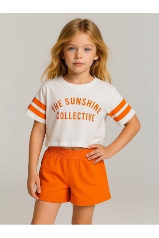 Kız Çocuk Pamuklu Şortlu Takım-15976 Turuncu
