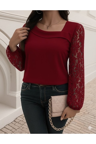 Tua Moda Kadın Uzun Kollu Asimetrik Yakalı Dantelli Ithal Krep Bluz Kırmızı