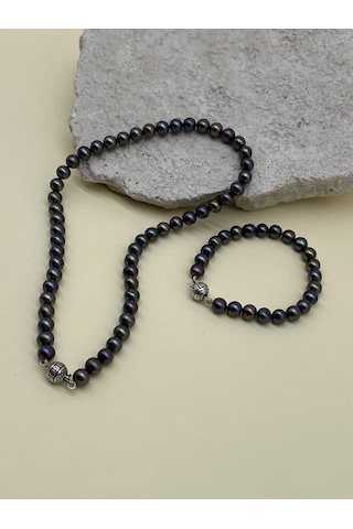 Siyah Doğal İnci Erkek Kolye Bileklik Set Gümüş