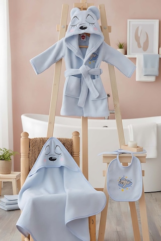 Bear Mavi %100 Pamuk Bebek Banyo Seti 0 - 24 Ay