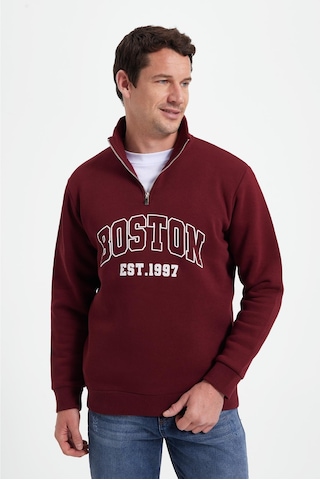Tudors Erkek Relax Fit Rahat Kesim Pamuklu Yarım Fermuarlı Baskılı Bordo Sweatshirt-42314 Bordo
