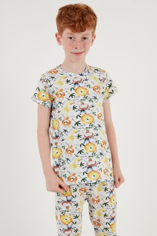 Lela Desenli % 100 Pamuk Bisiklet Yaka Erkek Çocuk Pijama Takımı 6651003 Ekru-Sarı