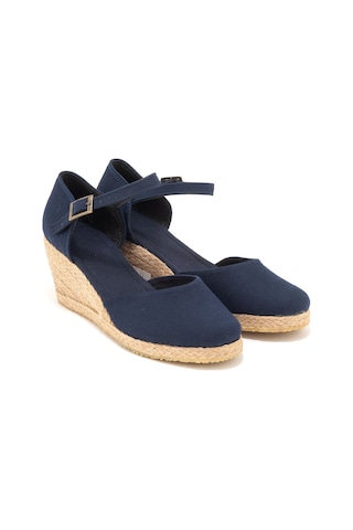 Star Tombis Gerçek Elişi Topuğu Kapalı Bilekten Bantlı Keten Espadril Dolgu Topuk Handmade Lacivert