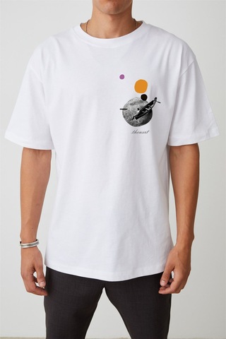 Thewert Unisex Sandal Ve Ay Baskılı Beyaz Oversize Tshirt
