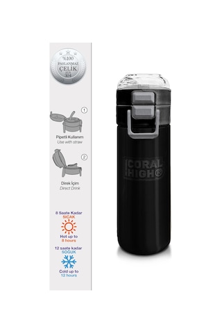 Coral High Kids Siyah Pipetli Ve Direkt İçim Çelik Termos 500 Ml 31827 Siyah