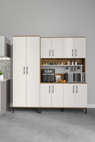 Plain Metal Ayak Metal Kulp Pla10190 Kahve Köşesi 10 Kapaklı Çok Amaçlı Dolap Erzak Dolabı Kiler Dolabı Saklama Dolabı Ekru Ceviz