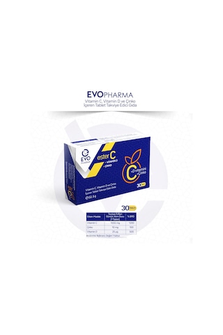 Evopharma Ester C Vitamin D Vitamin C ve Çinko İçeren Takviye Gıda 30 Tablet