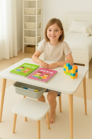 Çocuk Çalışma Oyun Etkinlik Ve Aktivite Masası Tek Tabureli Sepetli Mdf Ahşap Beyaz