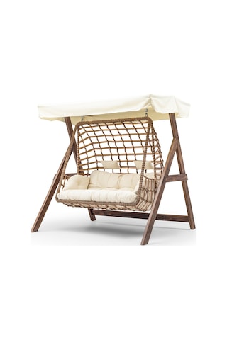 Girne Swing Ahşap Rattan Salıncak Dış Mekan Bahçe Balkon Ve Teras Salıncağı Krem