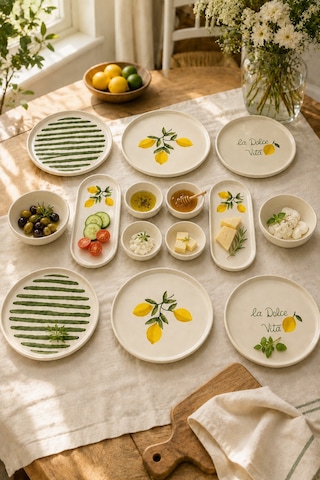 Amalfi 14 Parça 6 Kişilik Seramik Stackable Kahvaltı Takımı Limon Desenli Ayaklı Sunumluklu Sofra Seti Beyaz