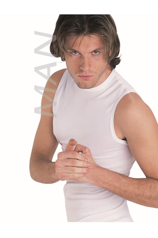 Erkek Beyaz Ribana Sıfır Kollu Atlet % 100 Pamuklu Atlet 3 Lü Paket 114-3b Beyaz