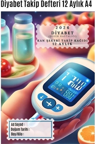 Diyabet Kan Şekeri Takip Çizelgesi Defteri A Kalite Özel Tasarım 12 Aylık 2026 Sarı