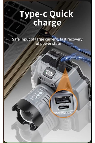 Cezri Kutulu Kafa Lambası Zoomlu, Powerbanklı, Sensörlü, Oynar Başlıklı, Çakarlı Gri