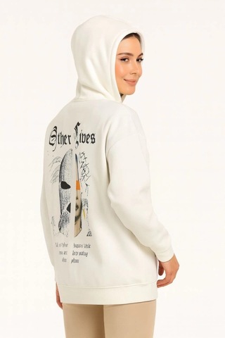 Defymoda Oversize Üç İplik Şardonlu Kapüşonlu Sweatshirt Beyaz Other Lives Ön Ve Arka Baskılı, Kanguru Ce