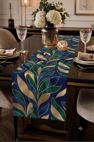 Premium Masa Runner Dijital Baskılı Yaprak Desenli Dekoratif Salon Mutfak Yemek Masası Runner Örtüsü 45x140 Cm Lacivert