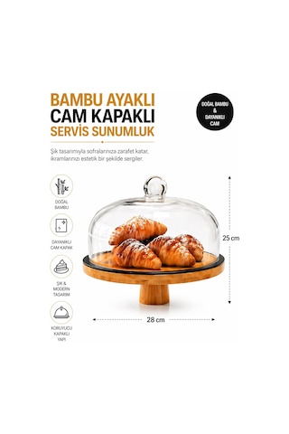 Cam Kapaklı Ayaklı Bambu Pasta Kek Standı Servis Sunum Tabağı, Kek Pasta Fanusu - 28 Cm Şeffaf