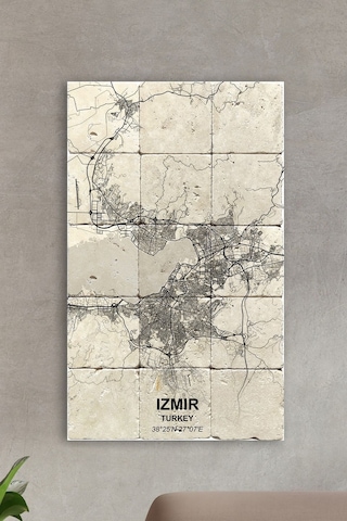 Doğal Taş Tablo - Izmir Haritası - Duvar Dekoru 30x50cm