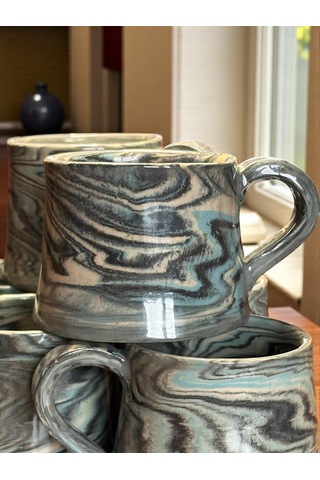 2'li Nerikomi El Yapımı Stoneware Fincan Siyah - Krem - Açık Mavi