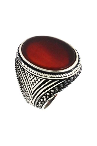 Örgü Tasarım Düz Kesim Akik Taşlı Gümüş Erkek Yüzük