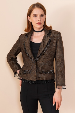 Serpil Exclusive Kadın Püskül Detaylı Kısa Blazer Ceket Kahve