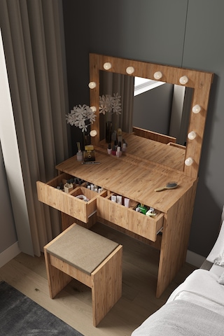 Dekorfim DF02103AC Hollywood Işıklı Aynalı Çekmeceli Makyaj Masası