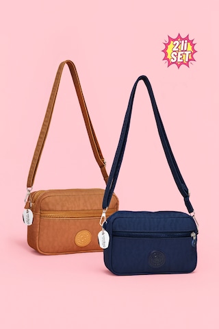 Westbag Kadın Çapraz Askılı Üç Gözlü Fermuarlı Krinkıl Günlük Omuz Çantası 2'li Set Lacivert - Taba