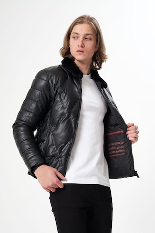 Erkek Yakası Kürklü Deri Mont Siyah Acı Kahverengi