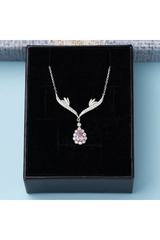 Pembe Damla Zirkon Taşlı 925 Ayar Gümüş Melek Kanatlı Model Kadın Kolye Gümüş - Rodyum