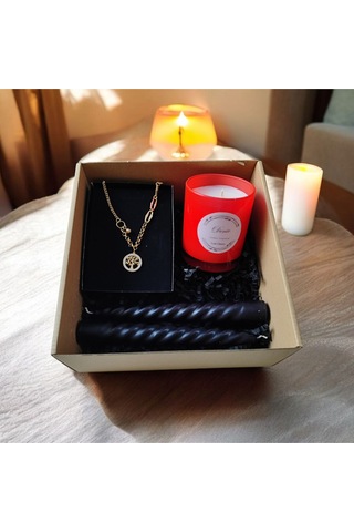 Denic Hediye Seti Kokulu Kırmızı Bardak Mum Yaşam Agacı Kolye Burgulu Mum
