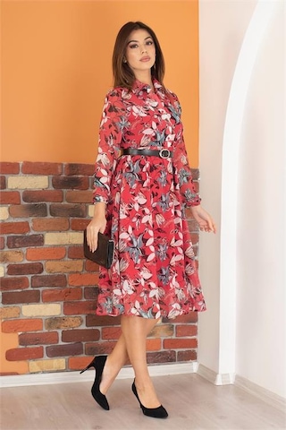 Neşeli Butik Kadın Kırmızı Kemerli Çiçek Desenli Şifon Elbise Ry0031 Bordo