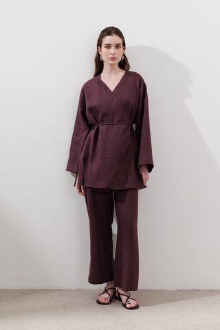 Keten Kruvaze Kapama Kimono Mürdüm Mürdüm