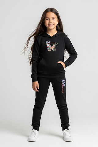 Kapüşonlu Kanguru Cepli Baskılı Kız Çocuk Eşofman Takımı Siyah